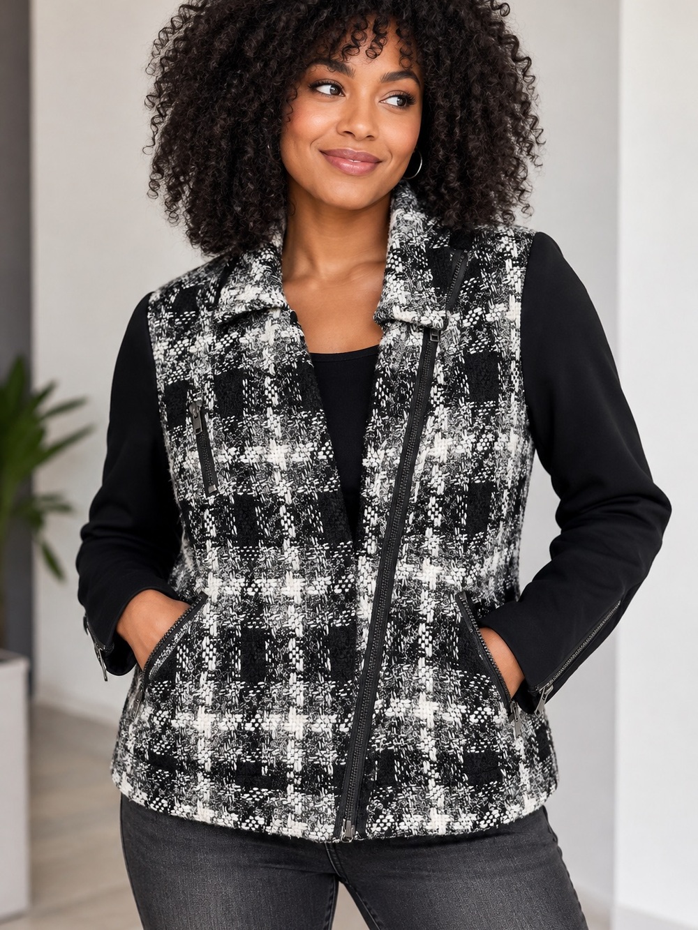 🥨MAKE OFFER🥨 Alex + Alex Black White Plaid Moto Style Wool Blend Blazer Jacket M